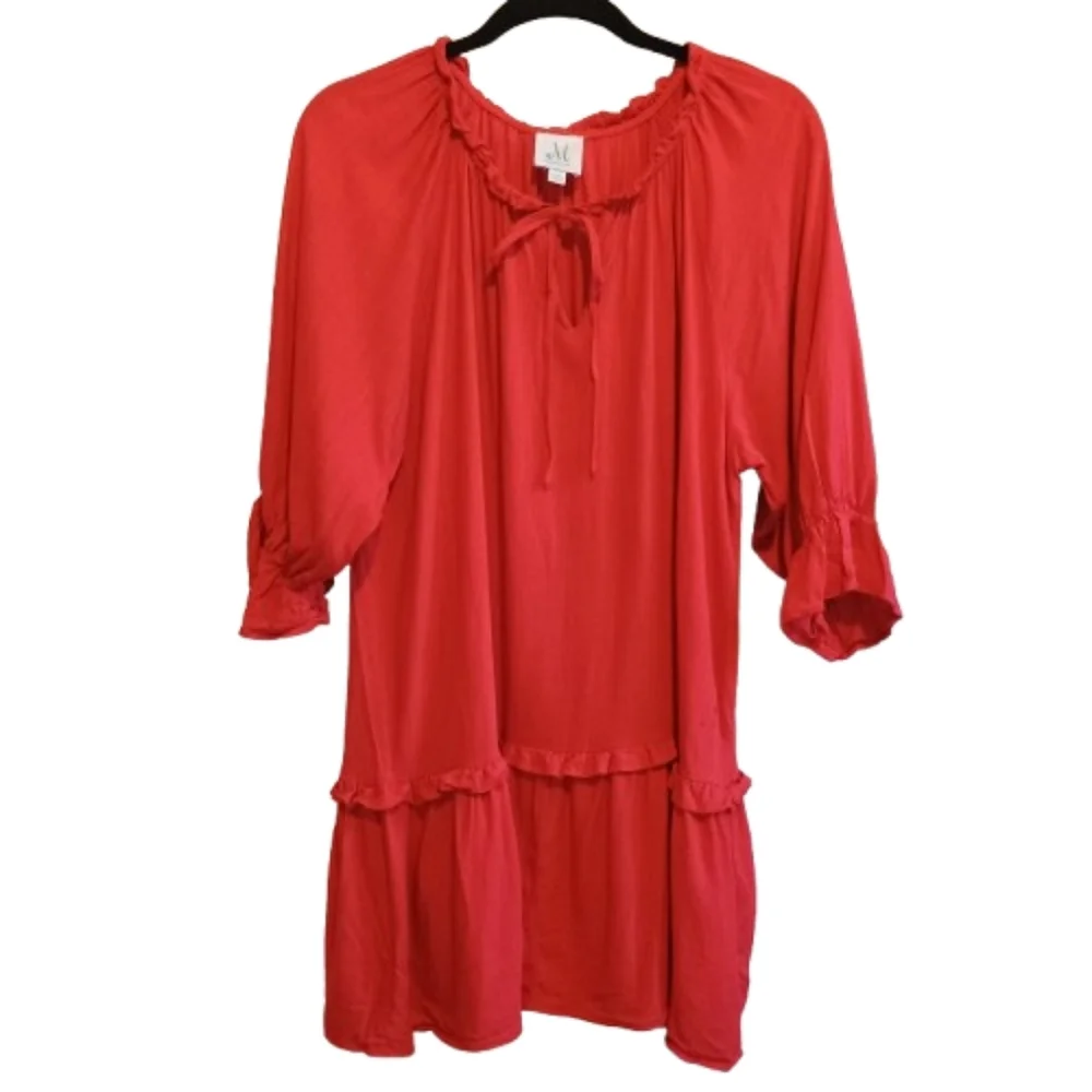 M Shopthemint Women’s Size M Red Linen Cotton Ruffle Peasant Tunic Dress Boho - Picture 4 of 13